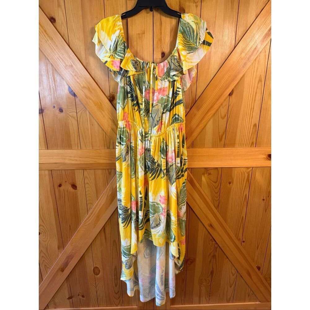 Express Yellow Tropical Off The Shoulder Tie Neck High Low Hem Size Large (7153)